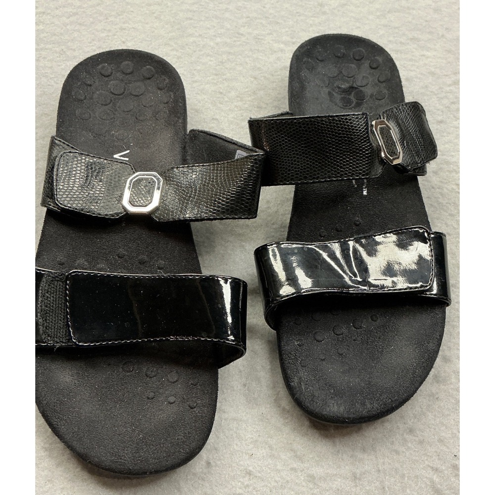 Vionic Camila Black Patent Snakeskin Slide Sandals Size 8 Orthotic Comfort